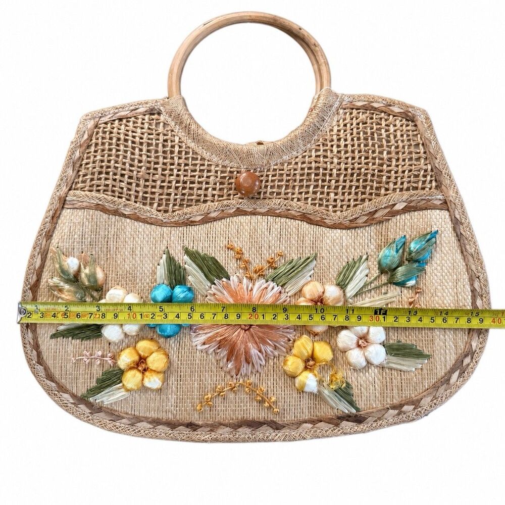 Floral Embroidered Woven Straw Handbag Wooden Handles Boho Cottagecore - Picture 5 of 6